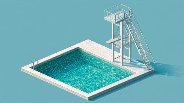 Modern outdoor swimming pool with diving board on turquoise background for leisure and relaxation