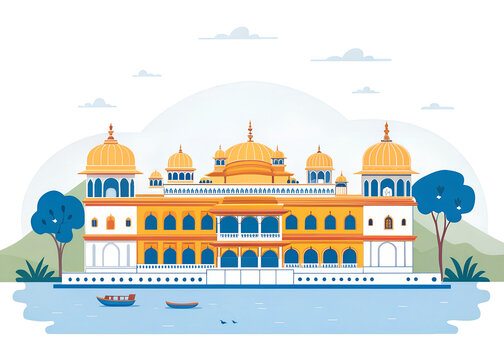 Flat colorful vector art of Udaipur Lake Palace  minimalist tourism poster  bright royal colors