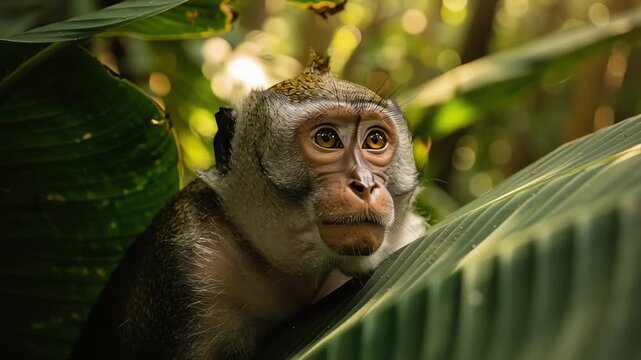 Macaque Monkey Peeking Through Lush Green Jungle Foliage