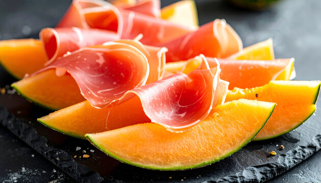 Cantaloupe melon slices with prosciutto ham on a dark slate serving board