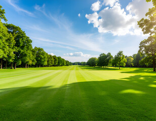 Obraz premium A vibrant, sun-drenched landscape showcases a meticulously manicured green lawn bordered by a dense row of trees under a bright blue sky with fluffy white clouds.