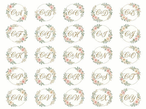 Couple's initials floral frames collection with monogrammed designs alevidhanu