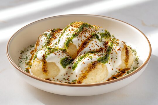 Dahi bhalla with yogurt and chutney drizzle, garnished with spices, minimal white background with soft shadows

