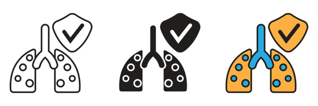 Lungs with Checkmark Shield Icon Set. Human lung vector icon with checkmark shield representing improved respiratory health, successful treatment, or compliance.