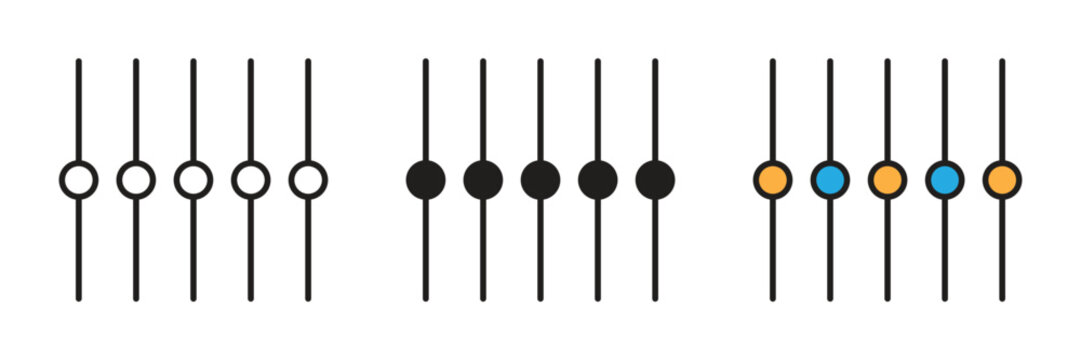 Equalizer Or Slider Control Centers Icon Set. Equalizer slider tracks vector icon representing balanced audio levels, setting control panel, or tuning parameters.