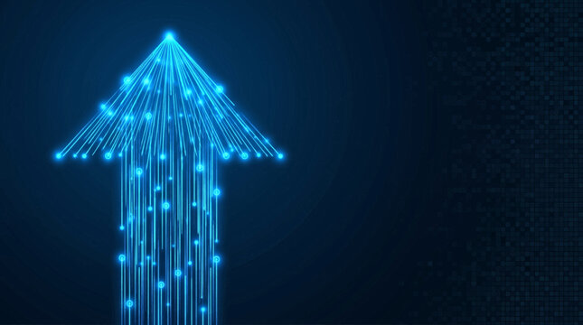 Glowing blue arrow points upwards in dark space with neon lines