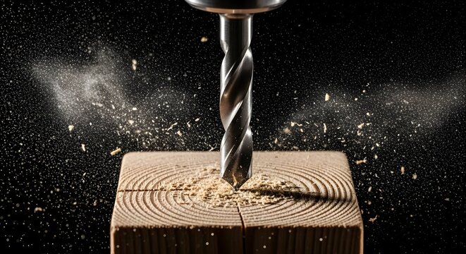 Sharp Twist Drill Bit Piercing Wooden Block with Burst of Sawdust