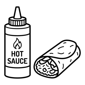 Hot sauce bottle and burrito illustration, a zesty condiment with a delicious wrapped mexican food.