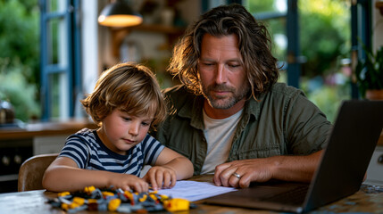 Obraz premium Father and son workation scene at a rustic kitchen table, dad answering emails while son arranges LEGO bricks beside the laptop, summer garden visible through open doors, ideal for remote work famil