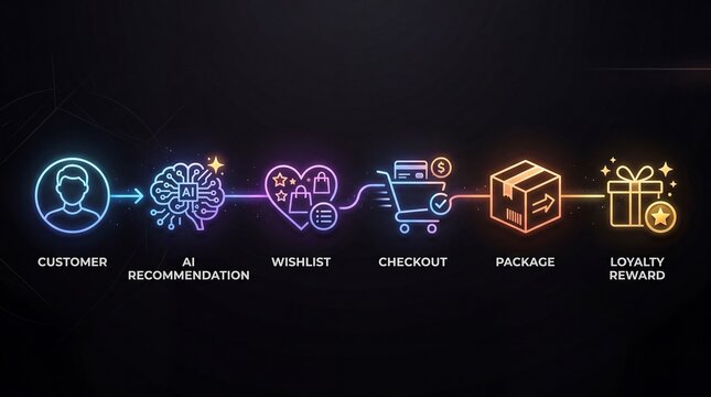 Neon infographic flowchart illustrating e commerce customer journey from ai personalized recommendations to checkout and loyalty rewards on dark background