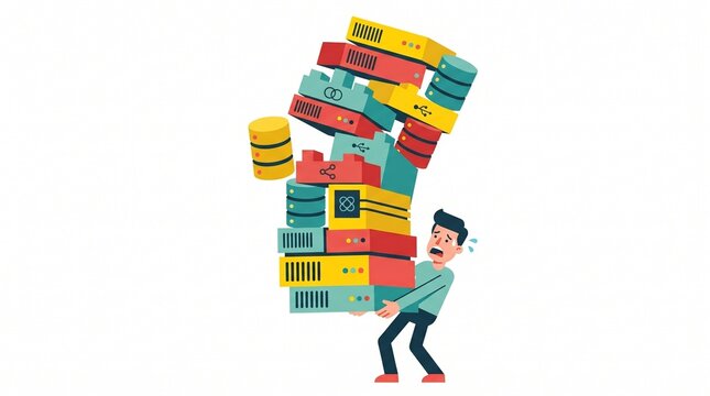 Flat vector illustration of a stressed IT worker struggling to carry a falling stack of computer servers and databases representing data overload