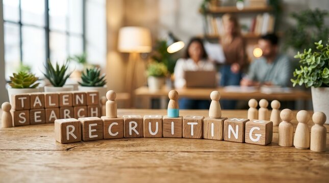 Wooden blocks spelling out recruiting with people in office background
