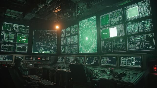 Futuristic control room with multiple large screens displaying complex data, illuminated by a soft glow,  showing operators at work.