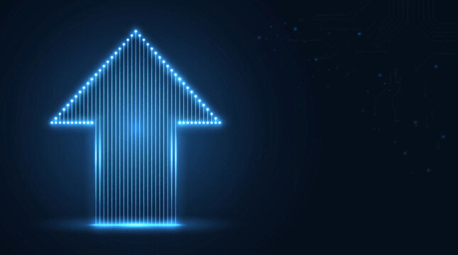 A glowing blue neon arrow points upwards in a dark space with technology elements.