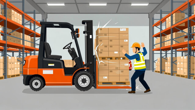 Forklift stacks boxes in warehouse, worker in safety vest dodges falling cargo