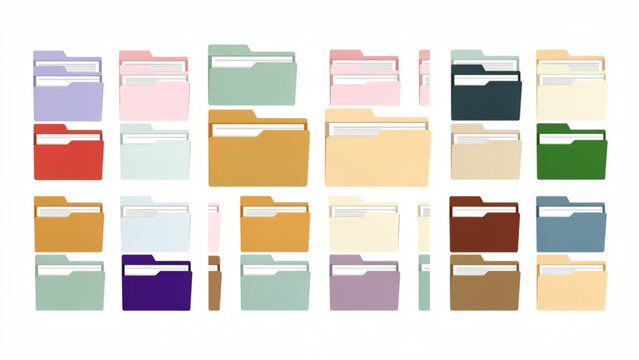 Colorful document folders organized in rows, office supplies for data management