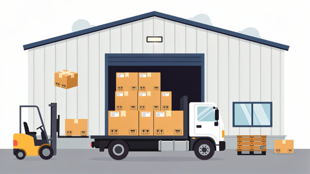 Forklift loading boxes onto truck at warehouse, logistics and delivery concept