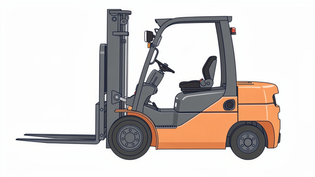 Orange and black forklift truck with forks for industrial loading and logistics