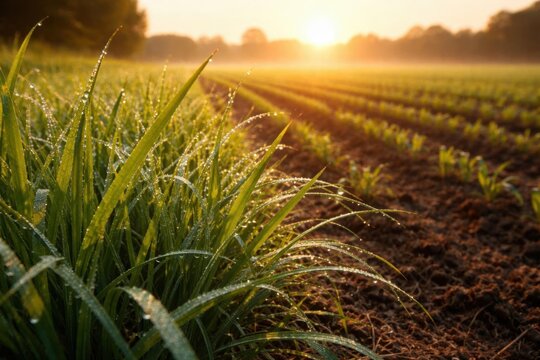 Roc&iacute;o sobre la hierba verde que crece junto al campo de cultivo al amanecer