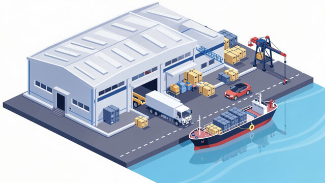 Isometric warehouse and cargo ship at port loading goods, logistics and transport