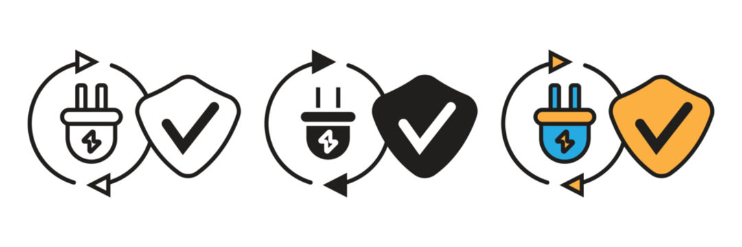 Verified Energy Or ​​Approved Power Icon Set. Electric plug with circular arrows and checkmark shield, noting verified power supply or energy efficiency.
