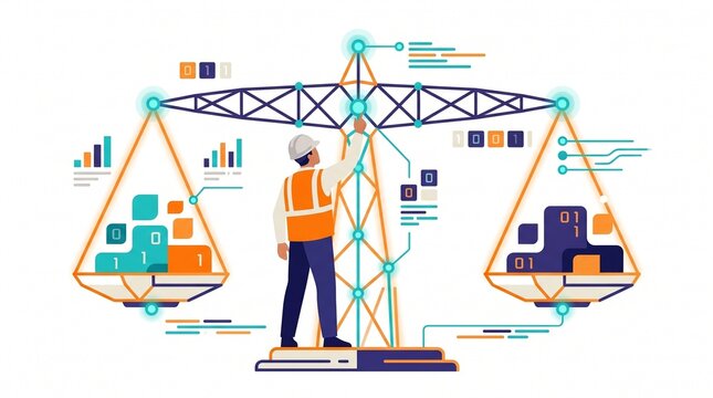 Flat vector illustration of an engineer balancing digital data blocks on a transmission tower scale representing smart grid optimization and energy management.