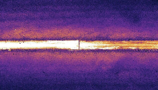 Thermal camera view capturing temperature variations during asphalt joint compaction focusing on the heat distribution along the longitudinal seam.