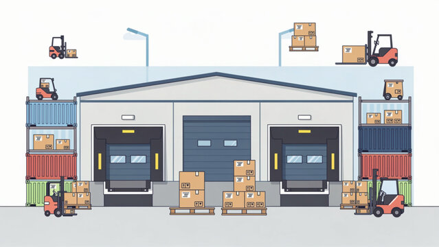 Warehouse with loading docks and forklifts handling cardboard boxes in logistics facility