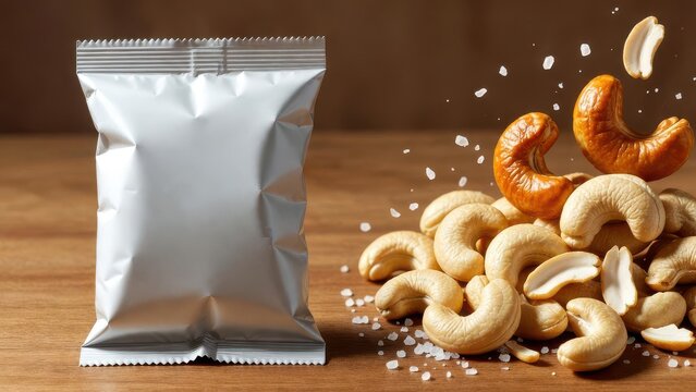 Freshly shelled cashews next to their original sealed packaging bag on a wooden surface