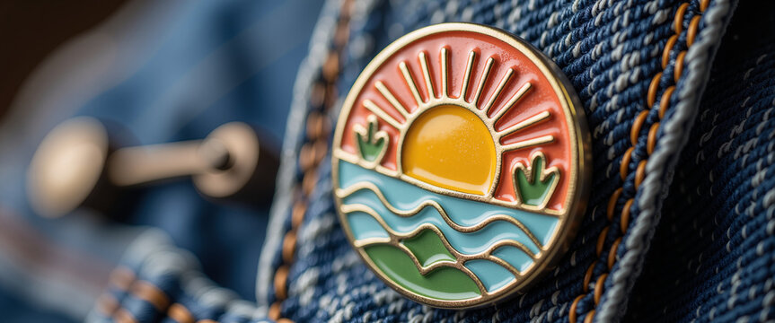 Colorful pin badge depicting sunset on denim jacket for Isle of Wight Festival  