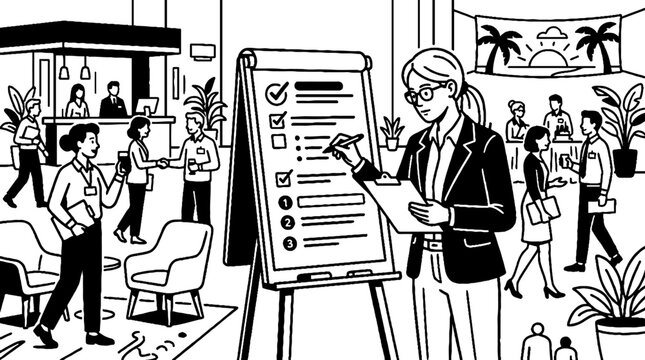 Businesswoman checking off tasks on large list at event