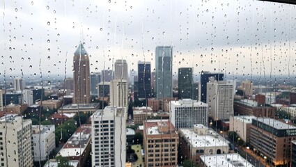 Fototapeta premium City skyline through rain-covered window