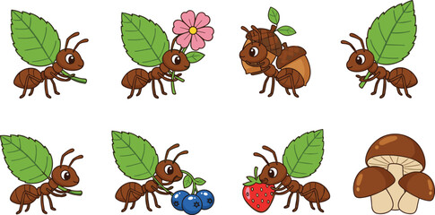 cute cartoon ant vector icon set featuring hardworking insects carrying leaves flower acorn mushroom and forest berries © Lipi