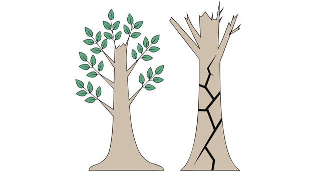 Healthy green leafy tree stands next to a broken, damaged tree with visible cracks symbolizing destruction.