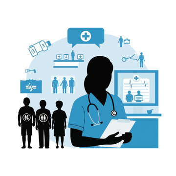 Healthcare worker silhouette wearing blue scrubs and stethoscope holding a clipboard surrounded by medical icons including patient silhouettes, heart rate monitors, and digital records.