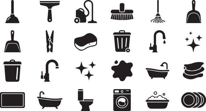 Minimal monochrome cleaning service flat line icon set with household tools and product mockup elements