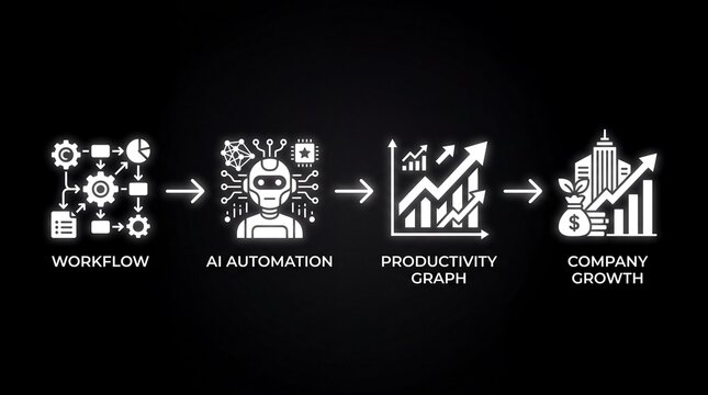 Business workflow automation infographic showing ai integration leading to increased productivity and exponential company growth on a sleek dark background