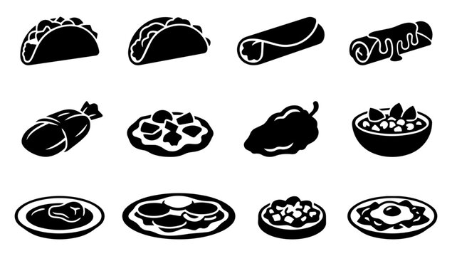 Mexican Ingredients and Side Dish Silhouette Icons Set
