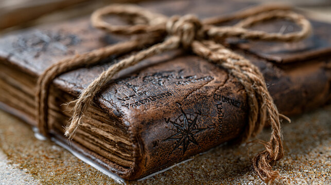 Close-up of worn leather travel journal binding being tied shut with a fraying cord, hand-stamped destinations visible on the cover, damp sand visible at the edge of the frame, perfect for travel jo
