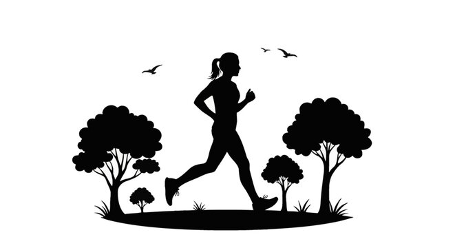Black silhouette of a woman jogging in a park with trees and birds on a white background. Minimalist vector illustration of outdoor fitness, exercise, and running activity.
