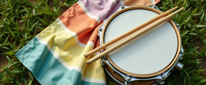 Snare drum with sticks on colorful fabric in grass for Isle of Wight Festival  