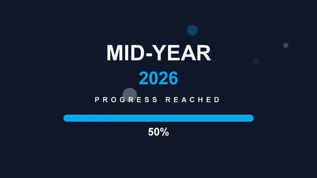 Digital graphic illustrating mid-year progress for 2026, showing 50 percent completion on a sleek blue progress bar against a dark background, symbolizing a significant business milestone or project