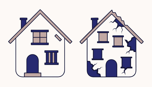 Damaged residential houses showing structural defects and facade cracks.