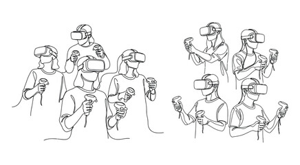 Obraz premium Group of people wearing virtual reality headsets holding controllers line art