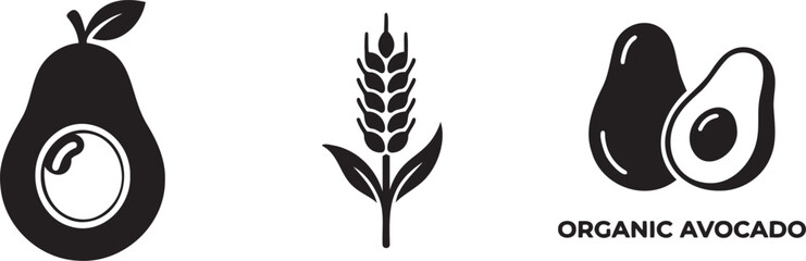 Fototapeta premium Black icons of avocado and wheat