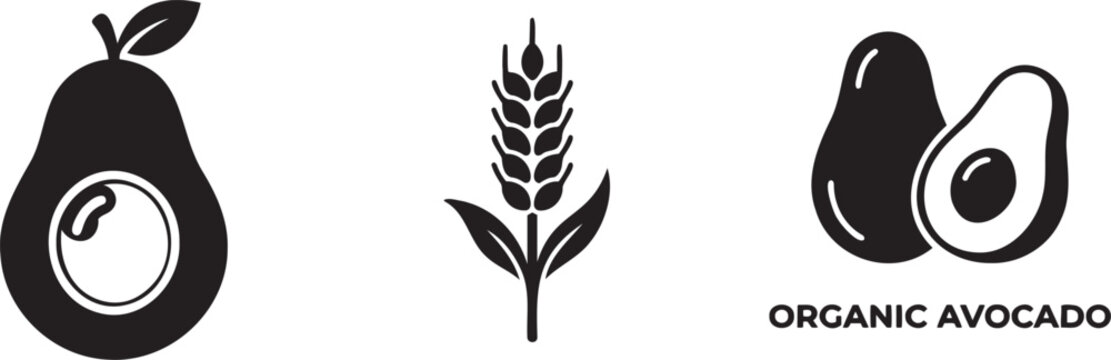 Black icons of avocado and wheat