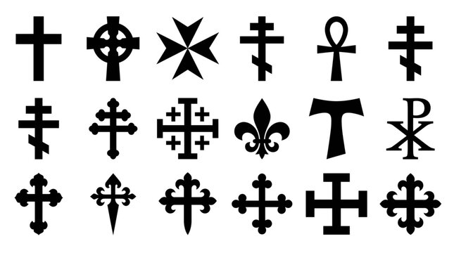 Collection of various black religious cross silhouettes including Celtic, Orthodox and Maltese symbols on a white background, symbolizing religious identity and illustrating heritage
