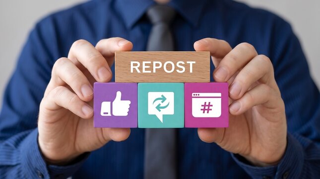 Businessman holding colorful blocks with icons sees text: REPOST. Repost sharing viral content online concept. share, content, viral, web, concept
