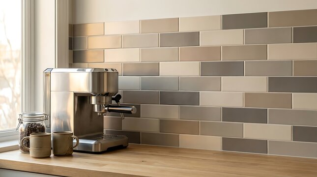 Modern kitchen countertop with espresso machine, coffee beans in a jar, and mugs against a multitoned subway tile backsplash