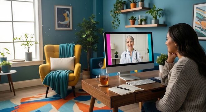 Telemedicine Concept: Patient Consulting Doctor via Video Call on Computer Screen. Digital Healthcare Illustration.